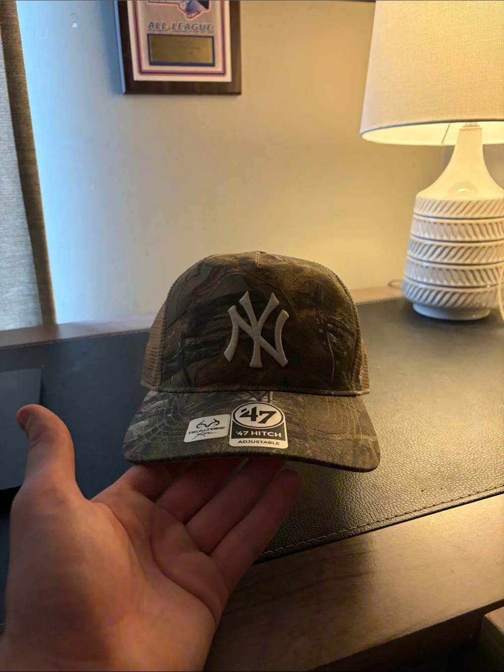 New York Yankees Camo Trucker Hat by '47 - Brown